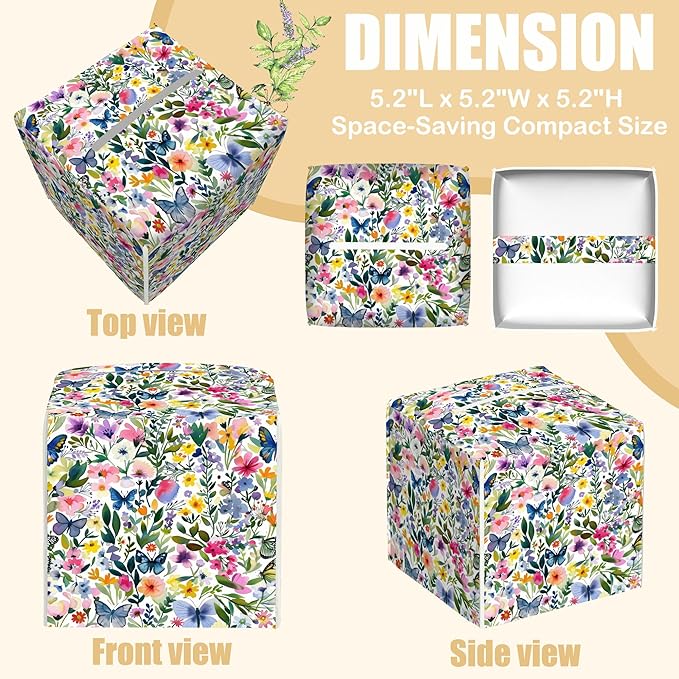 BLYKVGHQ Butterfly Square Tissue Box Cover Watercolor Flowers and Plants Tissue Box Holder Facial Cube Paper Dispenser Leather Decorative Organizer Home Office Desk Decor, 5.2"x5.2"x5.2"