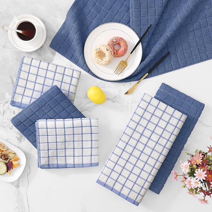 Homaxy Premium Cotton Kitchen Towels 16"x 28", Large Natural Ring Spun 390 GSM Dish Towels, Super Absorbent Terry Kitchen Hand Towels, Soft Tea Towels with Hanging Loop, Navy Blue Check, 12 Pack