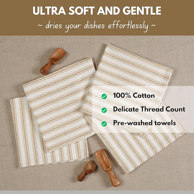 Native Fab 4 Pack Farmhouse Modern Stripe Kitchen Dish Towels Cotton Super Absorbent Quick Drying Reusable 18x26 Inches - Bar Hand Towels, Kitchen Cleaning Towels with Hanging Loop, Zaha Brown