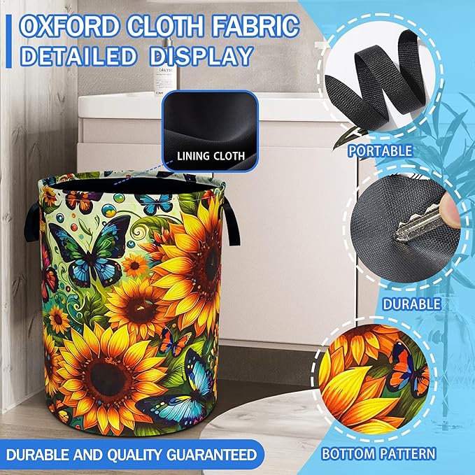 Beautiful Butterfly Sunflower Laundry Basket Oxford Cloth Laundry Hamper With Handle Foldable Portable Clothes Storage Basket 18.9 X 16.5 In Storage Bag For Laundry Room/Bathroom/Bedroom/Dormitories