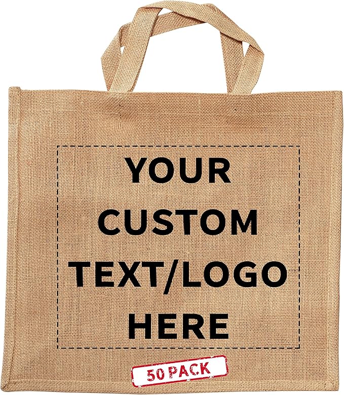 DISCOUNT PROMOS 50 Large Jute Tote Bags Set - Customizable Text, Logo - Sturdy, Recyclable, Reusable, Simple - Natural