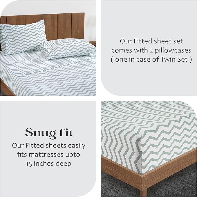 LANE LINEN Mercerized 100% Organic Cotton Queen Size Fitted Sheet only (+Pillowcases), Percale Weave, Soft & Breathable Fully Elasticized Reinforsed Seam Printed Fitted Sheet -Chevron (No Flat Sheet)