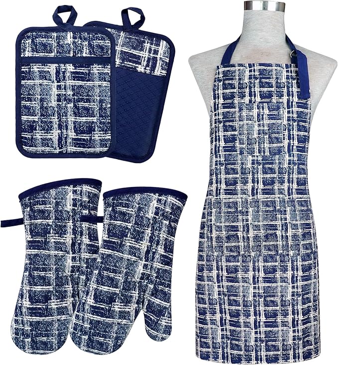 Oven Mitts and Pot Holders with Cooking Apron,Set of 5 Heat Resistant Kitchen Gloves and Silicone Non-Slip Potholders Adjustable Neck Buckle Chef Apron, Cotton Nice Design for Cooking (Navy)
