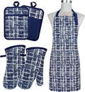 Oven Mitts and Pot Holders with Cooking Apron,Set of 5 Heat Resistant Kitchen Gloves and Silicone Non-Slip Potholders Adjustable Neck Buckle Chef Apron, Cotton Nice Design for Cooking (Navy)