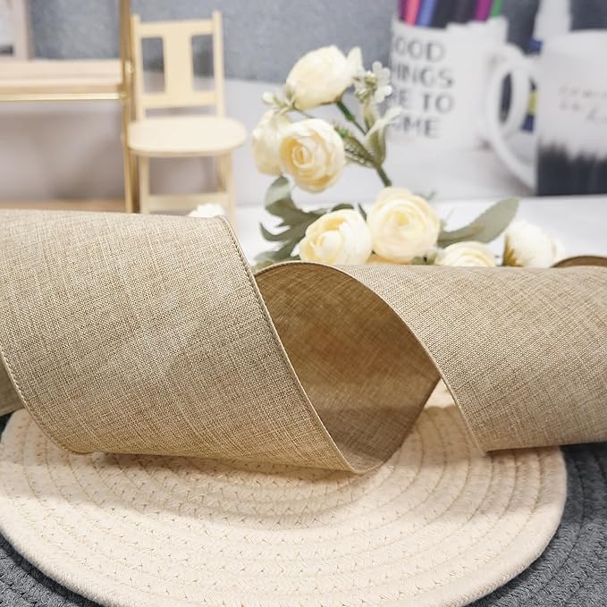 CT CRAFT LLC Burlap Fabric Wired Ribbon 4 Inch x 10 Yards Natural Color for Christmas Home Wedding Decor Gift Wrapping Tree Topper Bow Wreath Bouquet DIY Crafts