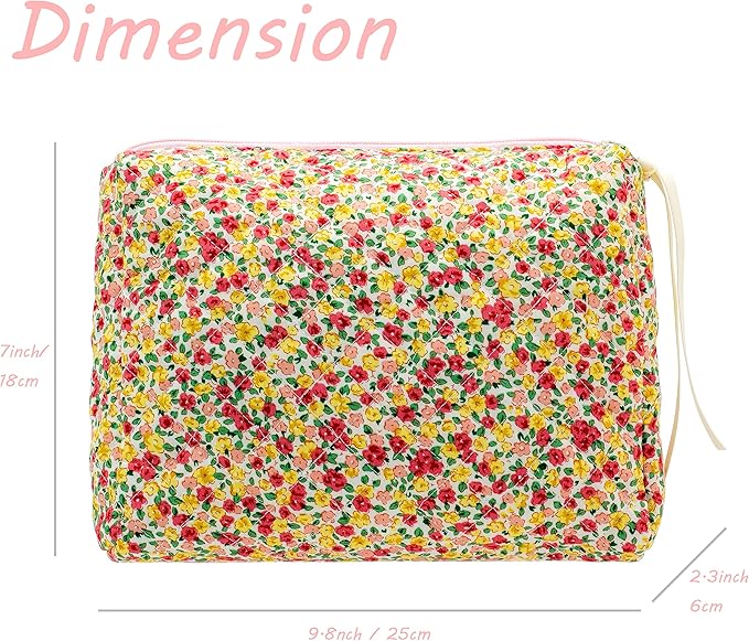 PAZIMIIK Quilted Makeup Bag Large Travel Zipper Soft Cosmetic Pouch for Women Girls Make Up,Little Flower