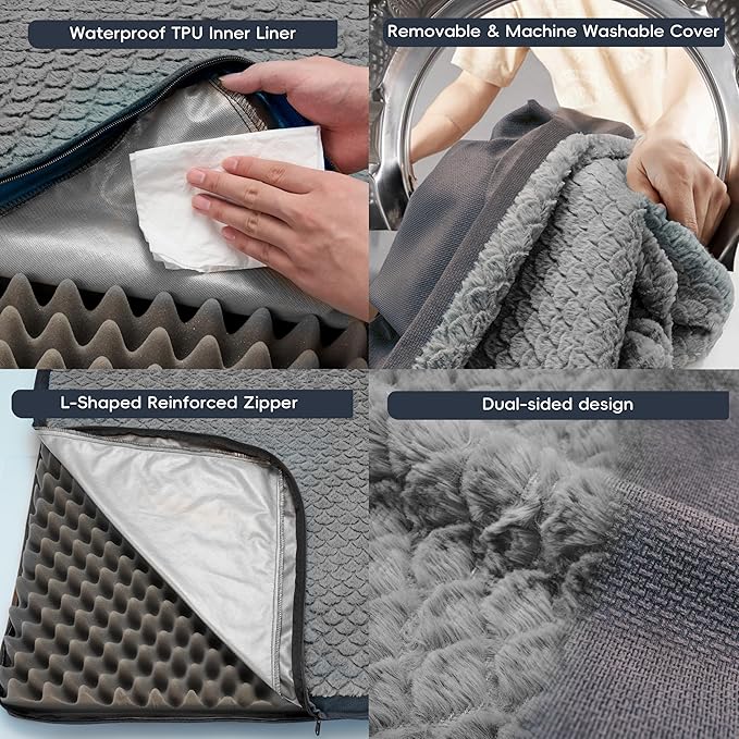 Sytopia Washable 37" Dog Bed for Large Dogs – Double-Sided Plush, Waterproof, Removable Cover, Thick Orthopedic Support, Durable Multi- Size Comfort Clearance Indoor Flat Dog Bed, Dark Grey