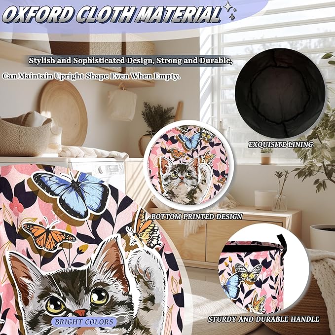 Pink Floral Cats Laundry Hamper Oxford Cloth Butterfly Animal Cat Laundry Basket With Handle Portable Clothes Storage Basket Foldable Funny Laundry Bag 18.9"x16.5" For Laundry Room/Bedroom/Bathrooms
