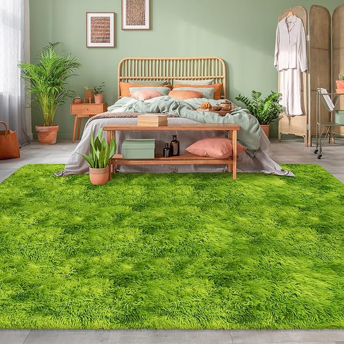 Tie Dyed Grass Green Shag Rug 6x9 Green Fluffy Area Rug Soft Plush Fuzzy Carpet for Living Room Bedroom Dorm Nursery Furry Indoor Floor Rug for Kids Girls Boys Home Decor Aesthetic
