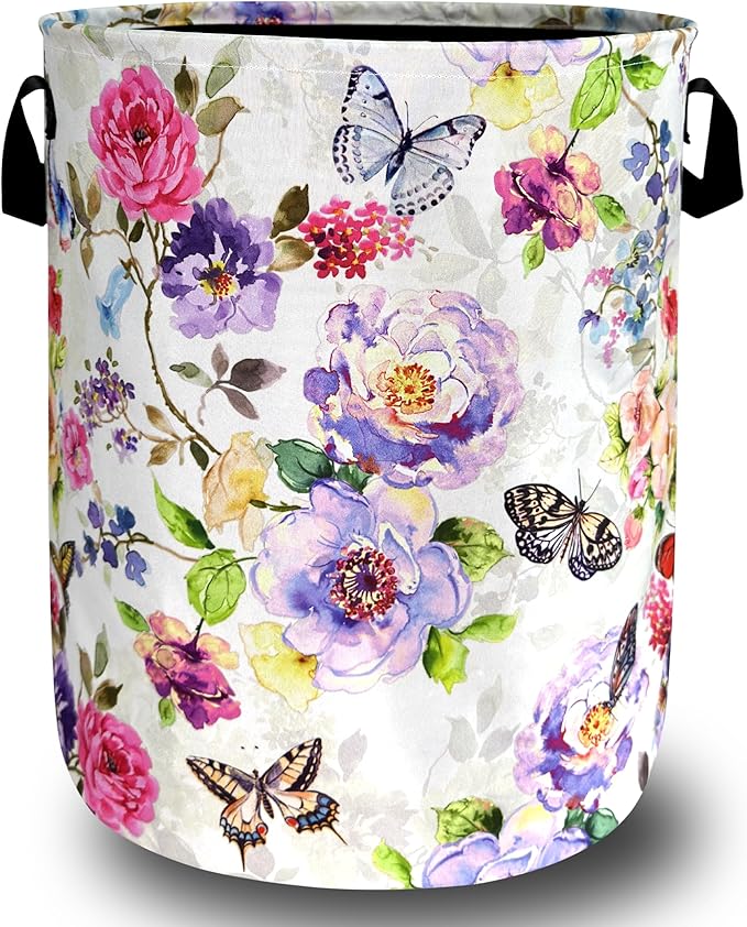 Beautiful Butterfly Floral Laundry Hamper Foldable Oxford Cloth Colorful Flowers Laundry Basket With Handle Portable Clothes Storage Basket Laundry Bag 18.9"x16.5" For Laundry Room/Bedroom/Bathrooms