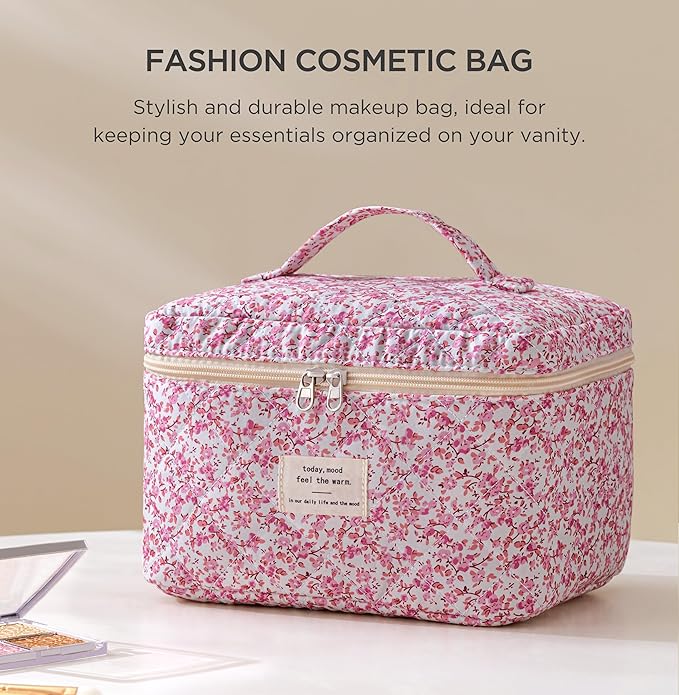 HBselect Christmas Gifts Large Quilted Makeup Bag, Cute Cotton Travel Makeup Bag with Handle, Portable Coquette Floral Make up Bags, Toiletry Organizer Make up Bags for Women Teen Girls Mom