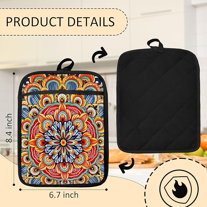 Boho Vibrant Mandala Floral Pot Holders 2 Pack Set, Vintage Hinduism Spiritual Folk Lotus Flower Mandala Heat Resistant Oven Hot Pads for Kitchen Countertop Baking，064 Potholder