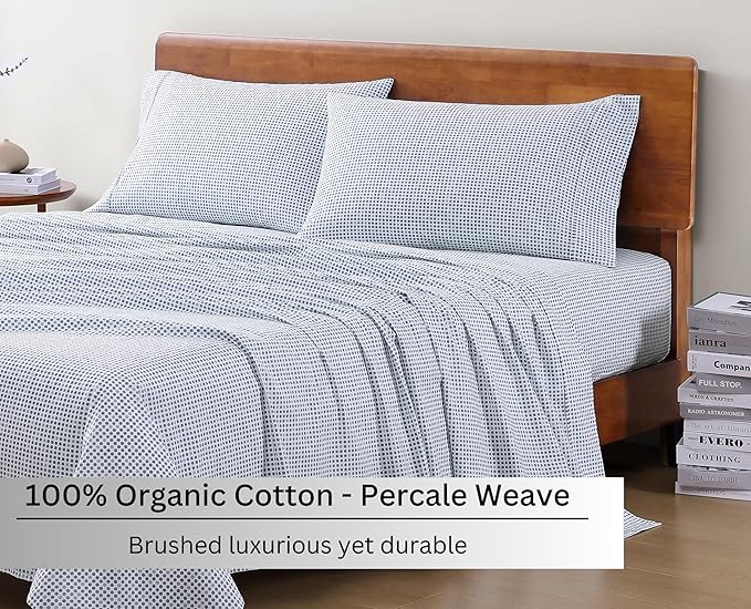 LANE LINEN 100% Organic Cotton Printed King Size Bedding Sheets & Pillowcases Set -Soft & Comfy Breathable Percale Sheet Seasons, 15" Deep Pocket Printed King Sheets - Polka Dot