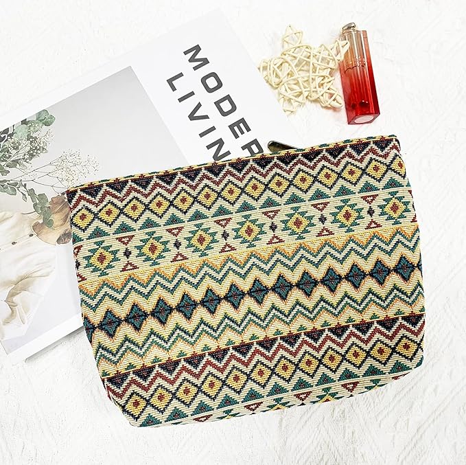 getgto 2 Pcs Makeup Bags, Large Cosmetic Bag Travel Toiletry Bag Organizer for Women, Embroidery Craft, Stripe Makeup Bag Small Cosmetic Pouch Purse with Zipper Gifts for Girls Teen