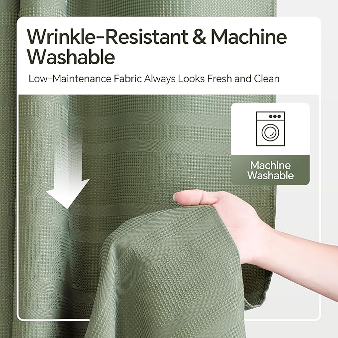TURKIO Sage Green Shower Curtain Waffle Weave Shower Curtain Striped Fabric Shower Curtains for Bathroom, Green Bathroom Decor, (72Wx72H, Sage Green)
