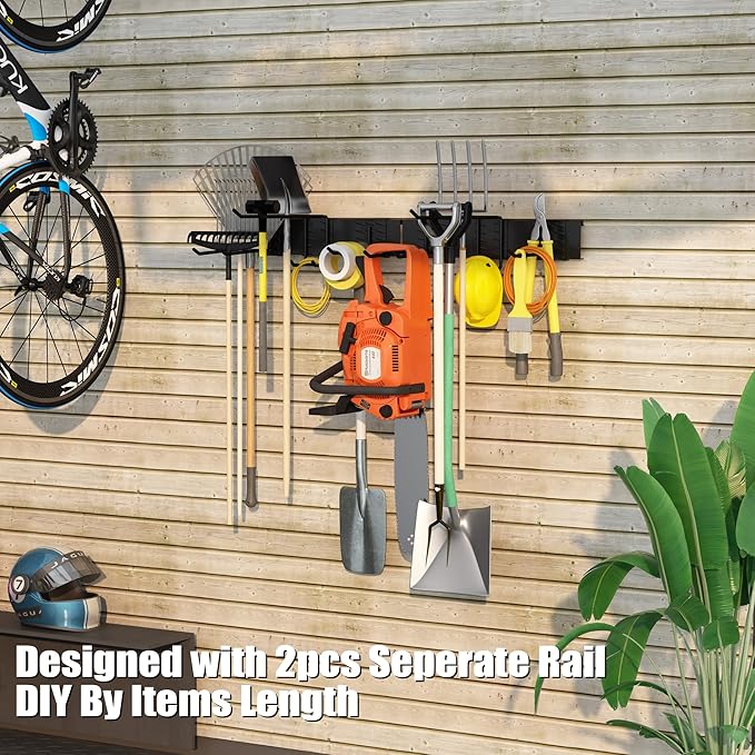 Howzone 32 Inches Garage Organization,Wall Mount Garden Tool Organizer, 440lbs Adjustable Heavy Duty Metal Hanging Hooks, Garden Tool Hangers Storage Rack for Garage, Yard, and Shed (2 Racks, 6 Hooks)