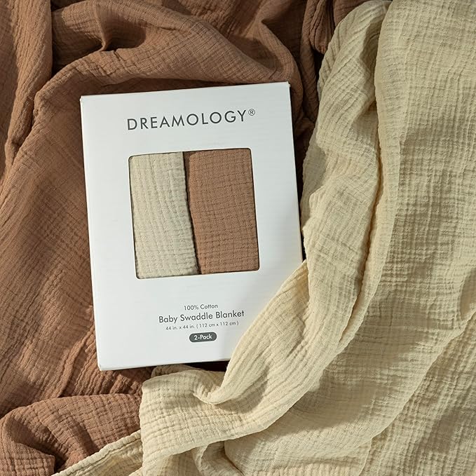 Dreamology Brown Swaddle Blanket,100% Cotton Muslin Swaddle Blankets,2 Pack,Receiving Blanket for Baby Boy & Girl,Soft,Breathable Swaddle Blanket,Large 44 x 44 inch Cotton Blanket | Brown,Acru