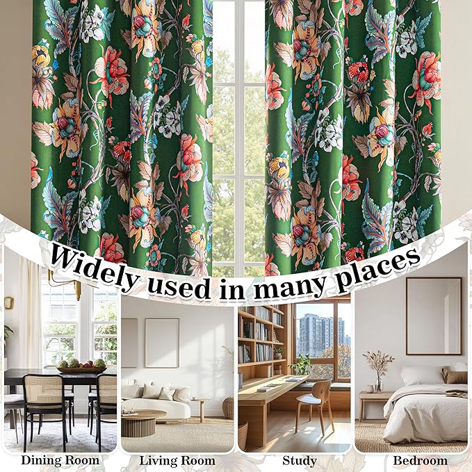 MYSKY HOME Floral Blackout Curtains 95 Inch Length Black Out Thermal Insulated Privacy Protect Vintage French Country Botanical Flower Printed Grommet for Living Room Dining Room, Pack-2, 52", Green