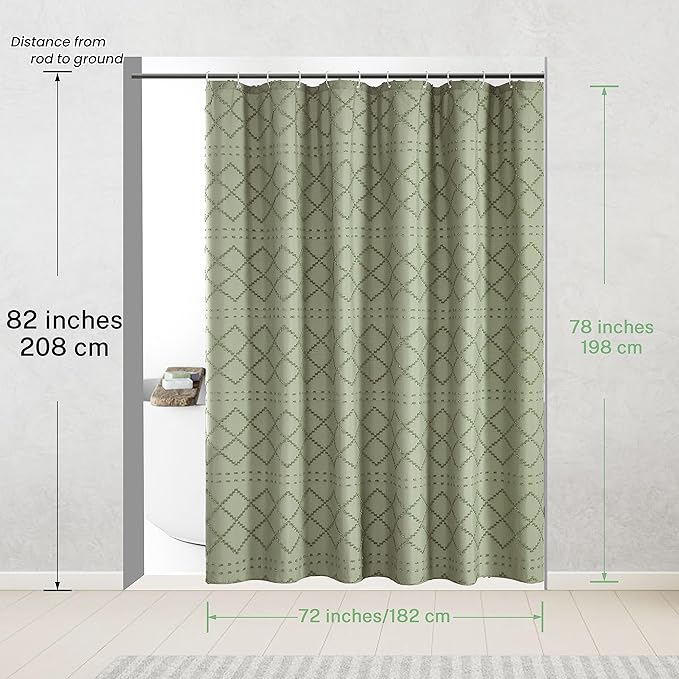 Siiluminisoy Extra Long Sage Green Boho Shower Curtain Woven Fabric Cute Shower Curtain, 72 x 78 Tufted Chevron Textured Striped Modern Farmhouse Minimalist Cloth Shower Curtains for Bathroom