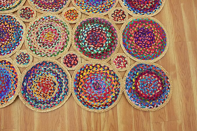 Scalloped Natural Chindi Cotton and Jute Rug, Hand Woven Runner Area Rug, 2.6x4 Ft Beige & Multicolor Braided Kilim Rugs for Living Room, Kitchen, Entryway, Farmhouse