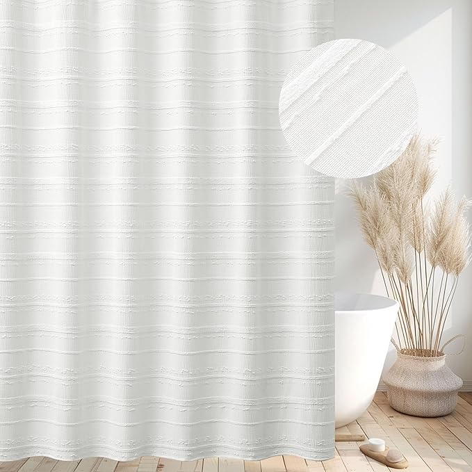 Lameirose Extra Long Farmhouse White Shower Curtain Boho, 72 x 84 Cotton Blend Tufted Weave Waffle Stripe Textured Heavy Duty, Fabric Shower Curtain for Bathroom, Hotel
