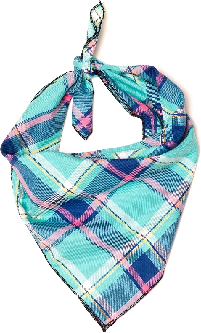THE WORTHY DOG Classic Tie-On Dog Bandana – Soft Cotton Flannel Square Pet Bandana, Plaid Pattern, Aqua/Navy, Small
