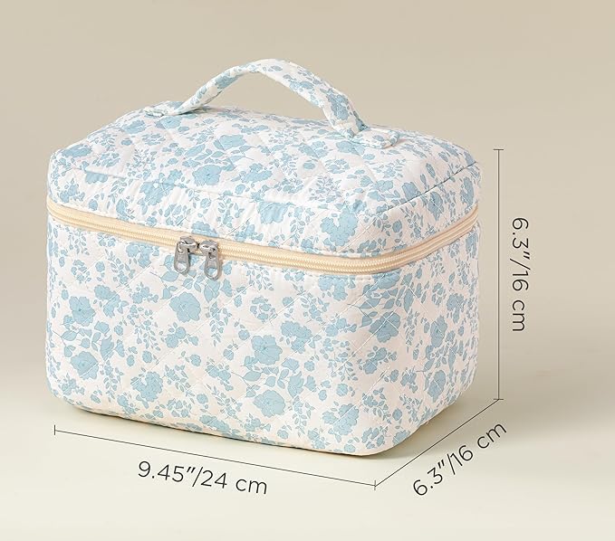 HBselect Christmas Gifts Large Quilted Makeup Bag, Cute Cotton Travel Makeup Bag with Handle, Portable Coquette Floral Make up Bags, Toiletry Organizer Make up Bags for Women Teen Girls Mom