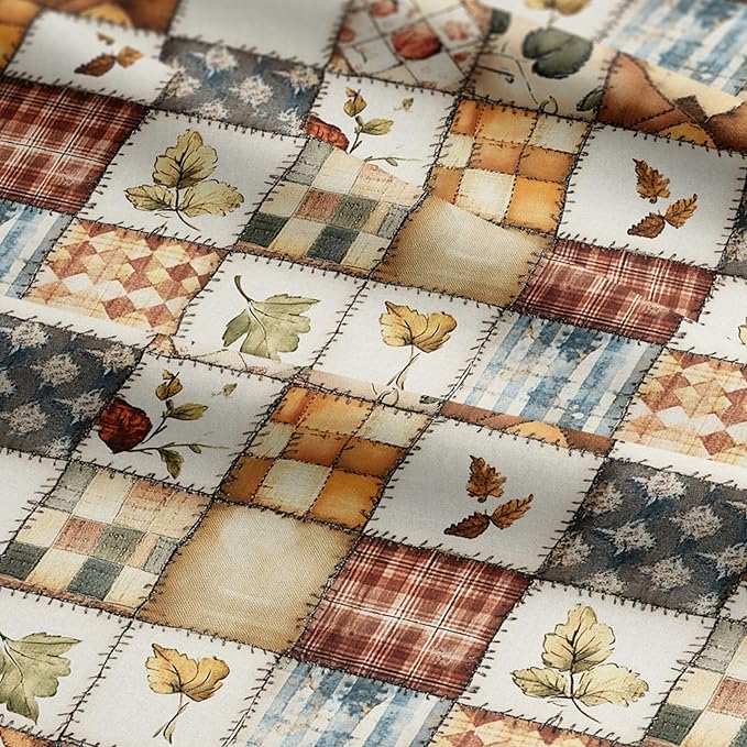 Patchwork Cotton Fabric Panel 61 x 36.6 Inches, Autumn Leaves Quilt Style Pattern, Rustic Brown Beige Blue Design, 100% Cotton 140 GSM