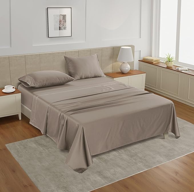 Lane Linen 100% Cotton Bed Sheets – 450 Thread Count Cooling Sheets Queen, Durable Daily Use Bedding, Value Comfort for Nightly Rest, Hotel Sateen Finish, Snug Fit 15" Deep Pocket Fitted Sheet – Taupe