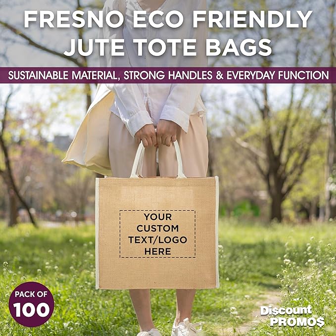 DISCOUNT PROMOS Custom Fresno Eco Friendly Jute Tote Bags Set of 100, Personalized Bulk Pack - Reusable, Great for Tradeshows, Grocery, Shopping and Outdoor Events - Light Beige