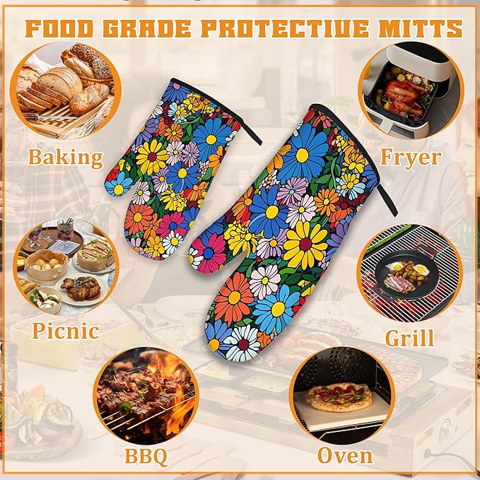 Abstract Hippie Flower Oven Mitts and Pot Holders,Heat Resistant Oven Mitts Gloves and Pot Holder for Home Kitchen Decorations Cooking Baking BBQ Gifts,Set of 4