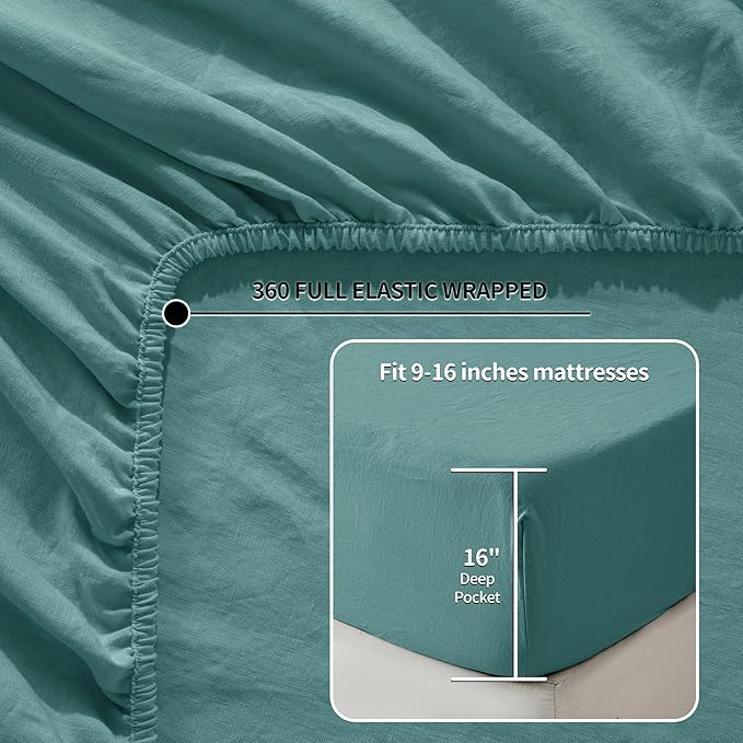 LBRO2M 100% Linen Sheet Set Twin Size,Bed Sheets 3 Piece Sets,Solid Color Natural Flax Bed Sheets Soft Breathable Bedding,16" Deep Pocket,All Season (Twin, Aqua)