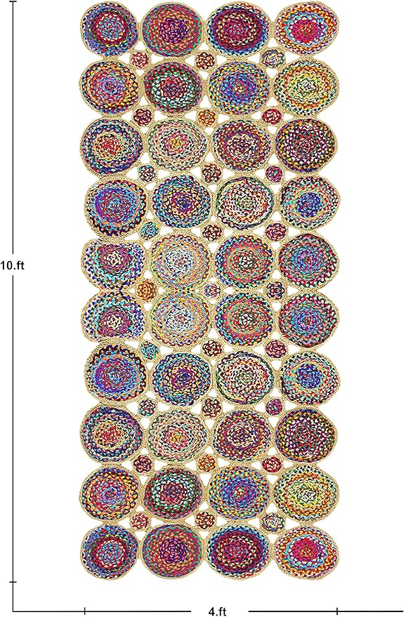 Scalloped Edge Rug, Natural Chindi Cotton and Jute Area Rug, 3x3 Ft Square Beige & Multicolor Hand Woven Kilim Rugs for Living Room, Kitchen, Entryway, Farmhouse