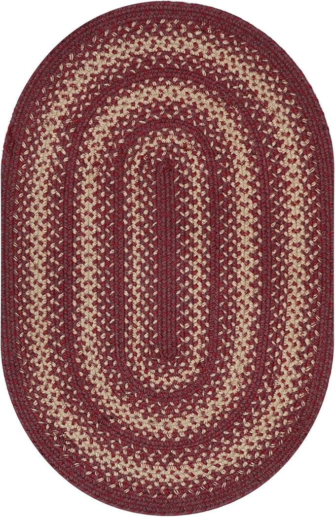 Homespice Autumn Maple Jute Braided Oval Rugs 27x45 - Burgundy and Tan Primitive Kitchen Rugs for Country Decor