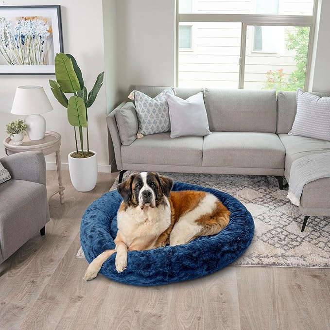 Best Friends by Sheri Original Calming Donut Dog and Cat Bed, Lux Faux Fur, Navy Blue, XL (45in x 45in) - Anxiety Relief for Pets Up to 150 lbs