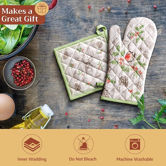 Maison d' Hermine Pot Holders Set 100% Cotton Heat Resistant Potholders 8" x 8" Hot Pads with Loop for Thanksgiving Christmas Decorations BBQ Baking Handling Hot Pans (Pack of 2, Christmas Dew)