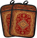 Boho Vintage Oriental Floral Pot Holders 2 Pack Set, Red and Gold Antique Rustic Flower Heat Resistant Oven Hot Pads for Kitchen Countertop Baking，066 Potholder