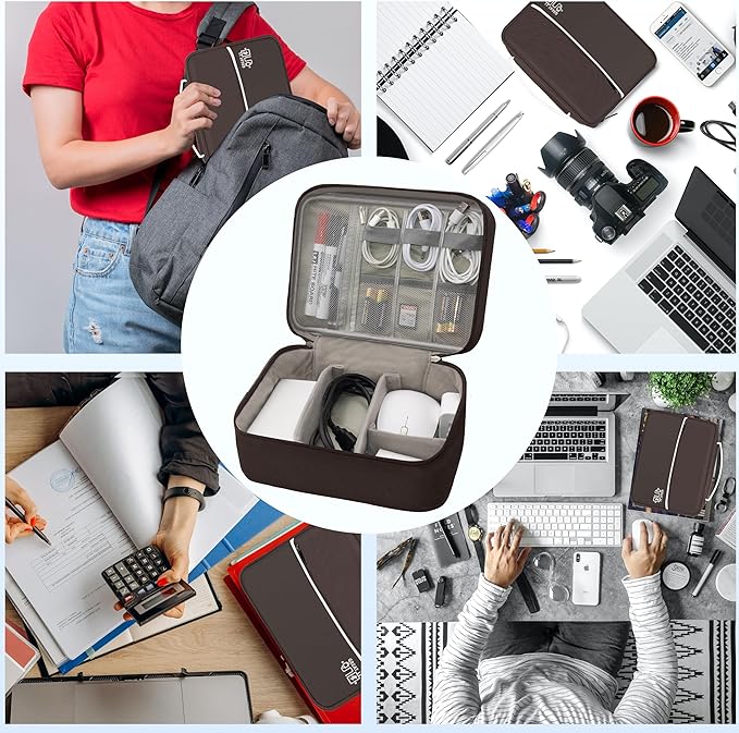 Miavers Electronics Organizer,Travel Cord Organizer Pouch, Portable Cable Organizer Bags, Waterproof Electronic Accessories Storage Case for Cables, Cords, Charger, Phone (Double Layer-Brown)