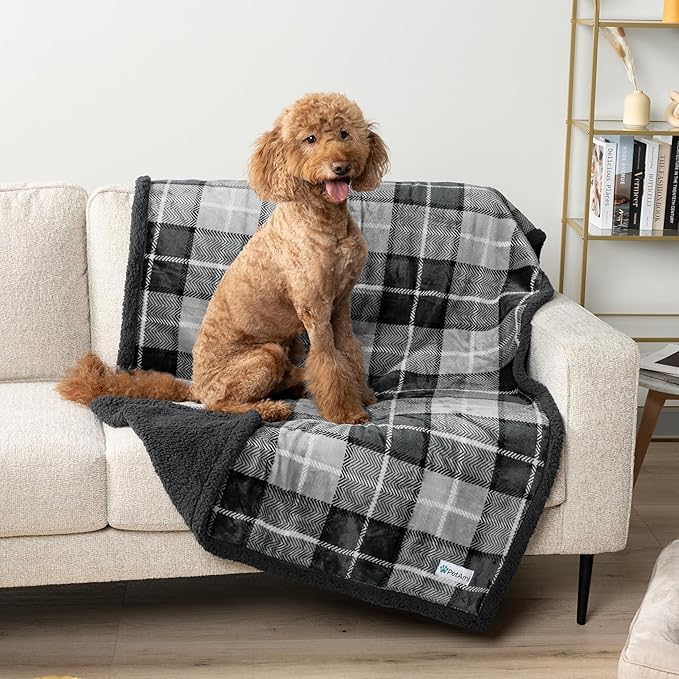 PetAmi Waterproof Dog Blanket for Bed, XL Dog Pet Blanket Couch Cover Protection, Sherpa Fleece Leakproof Bed Blanket for Crate Kennel Sofa Furniture Protector, Reversible Soft 80x60 Light Gray/Gray
