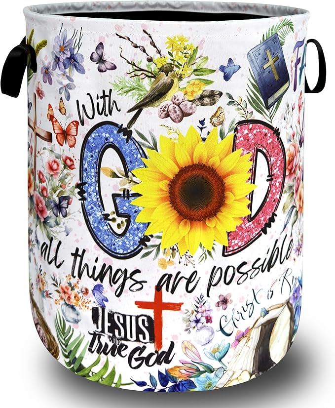 Christian Laundry Hamper Foldable Oxford Cloth Funny Jesus Faith God Laundry Basket With Handle Portable Clothes Storage Basket Religious Laundry Bag 18.9"x16.5" For Laundry Room/Bedroom/Bathrooms