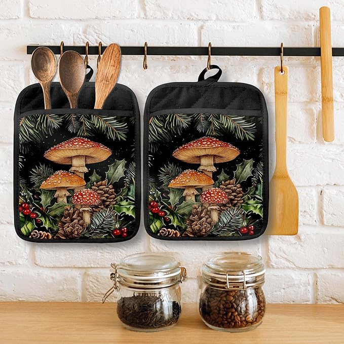 Dark Cottagecore Mushroom Pot Holders with Pockets, Vintage Botanical Floral Forest Mushroom Cottage Core Oven Pot Holders Heat Resistant Oven Mitts Hot Pads for Kitchen Baking Cooking