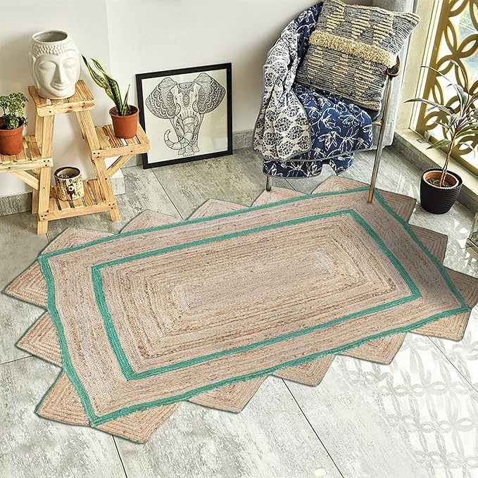 Scalloped Edge Rug, Hand Woven Natural Jute Area Rug, 10x18 Ft Beige & Green Braided Sisal Kilim Rugs for Living Room, Kitchen, Entryway, Farmhouse