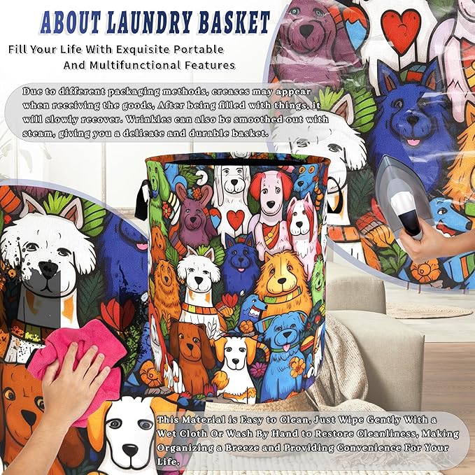 Colorful Dogs Pattern Laundry Hamper Foldable Oxford Cloth Funny Animal Dog Laundry Basket With Handle Portable Clothes Storage Basket Laundry Bag 18.9"x16.5" For Laundry Room/Bedroom/Bathrooms