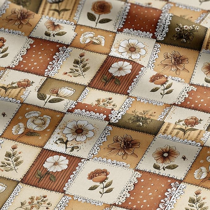 Autumn Lace Blossom Patchwork Cotton Fabric – Warm Beige & Brown Floral Patchwork Print Cotton 140 GSM, Panel 61 x 36.6 Inches, Pre-Cut Sewing Fabric Panel for Quilting, Crafts & Home Decor(USA Size)