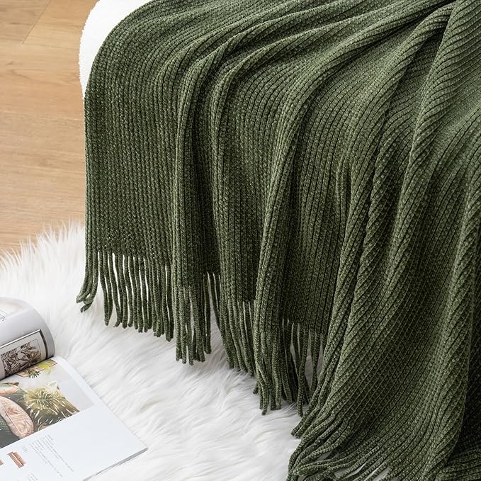 BATTILO HOME Olive Green Throw Blanket for Couch, Soft Chenille Knit Throws with Tassels for Home Decor, Green Blankets and Throws for Bed Couch Cover, 60"x80"