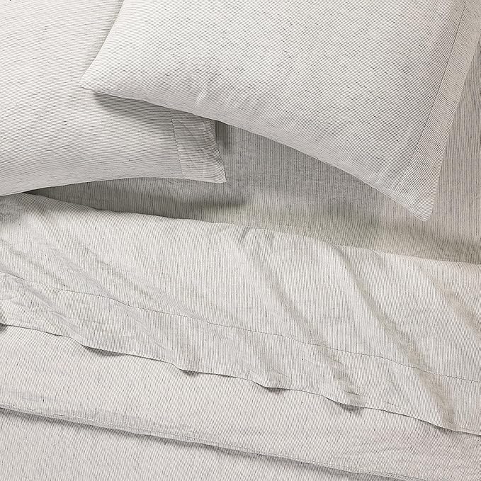Sijo Stone Washed Organic French Linen Bed Sheet Set, GOTS Certified Organic, Best Cooling Linen Sheet Award by Sleep Foundation, 3 Piece - 2 Pillowcases and 1 Fitted Sheet (Pinstripe, Full)