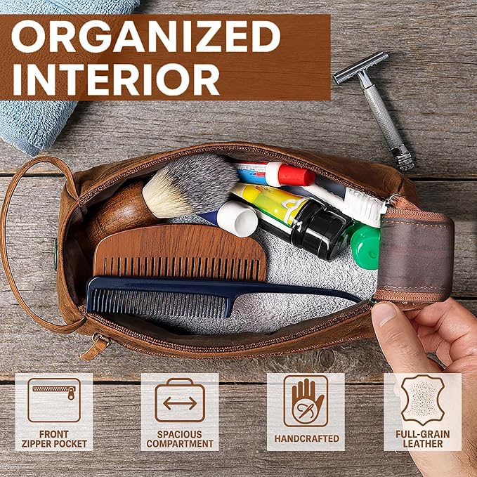 Rustic Town Leather Wash Bag for Men - Travel Toiletry Bag - Shaving Dopp Kit Toiletries Organizer - Leather Makeup Bag for Women