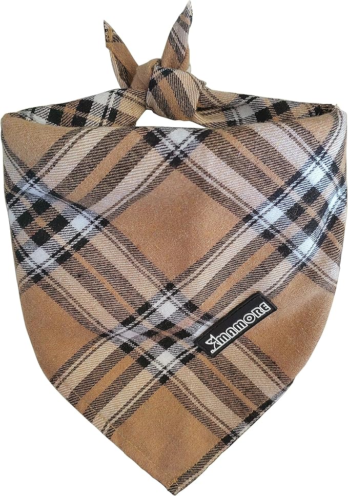 Adjustable Plaid Dog Bandanas,1PC Soft Washable Cotton Triangle Bib Kerchief Scarfs for Small Medium Large Dogs and Cats (Light Khaki, Large)