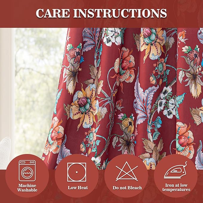 MYSKY HOME Terracotta Floral 95% Blackout Curtains 84 Inches Long for Living Room Dining Rooom Thermal Insulated Light Blocking Drapes Grommet Country Coquette Window Panels for Home, 2 Pcs, 52" Wide