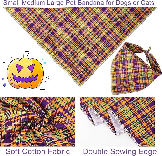 UP URARA PUP Halloween Pumpkin Dog Bandana, Thanksgiving Triangle Bid Scarf, Cotton Pet Kerchief for Girl Boy Dogs or Cats, Colorful Plaid Puppy Bandana for Small Medium Dog Fancy